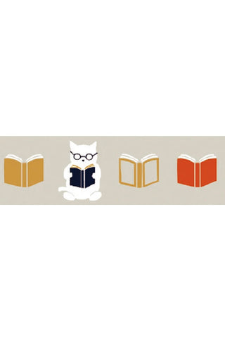 Washi tape strip featuring a reading cat and book illustrations