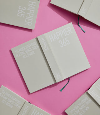 Diary notebook open with grey quote panel reading “Happier 365” and date sections.