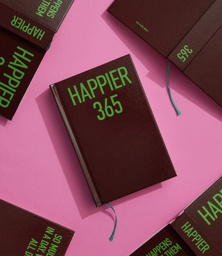 Dark brown 365 diary notebook with green elastic strap and large HAPPIER 365 title