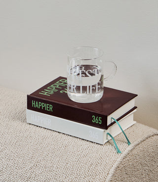 Happier 365 diary notebook on top of a white box, dark brown 365 cover