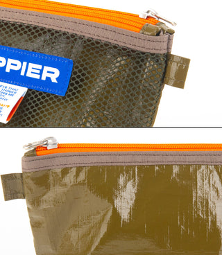 Olive mesh pouch with orange zipper and Happier label patch, small size