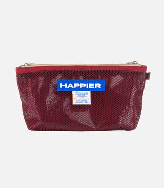 Translucent mesh layer pouch with top zipper, burgundy color, front brand label patch