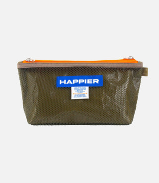 Translucent mesh layer pouch with top zipper, khaki/olive color, branded front label