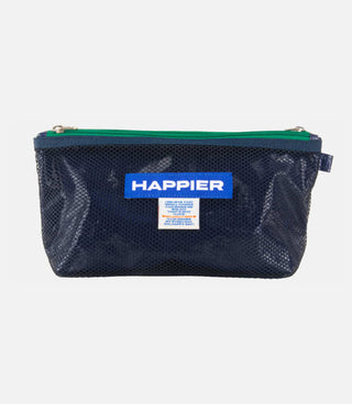 Translucent mesh layer pouch with top zipper, dark navy color, branded front label patch