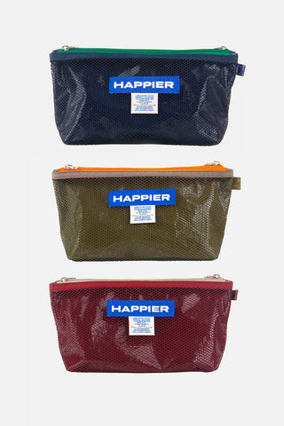 Set of mesh layer pouches with top zipper and branded patch, burgundy, khaki, and navy