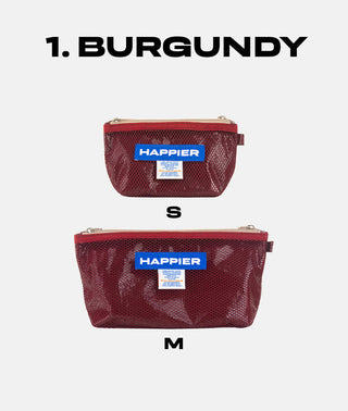 Burgundy mesh layer pouches in S and M sizes with gold zippers and HAPPIER labels