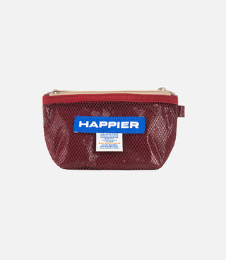 Burgundy mesh pouch with red zipper and Happier label patch
