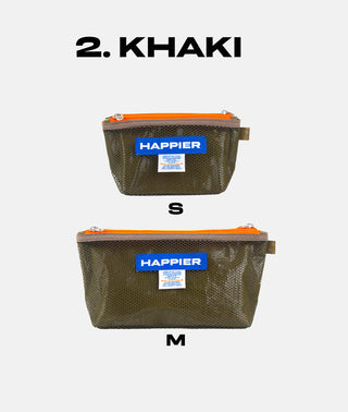 Khaki mesh layer pouches in S and M sizes with orange zippers and HAPPIER labels