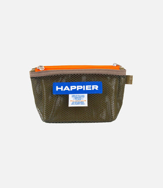 Olive mesh pouch with orange zipper and Happier label patch