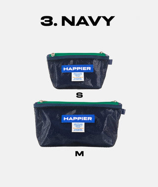 Navy mesh layer pouches in S and M sizes with green zippers and HAPPIER labels