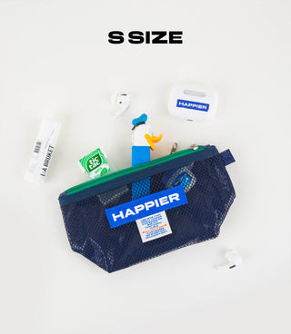 Navy mesh pouch with green zipper and Happier label patch