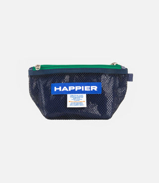 Navy mesh pouch with green zipper and centered Happier label patch