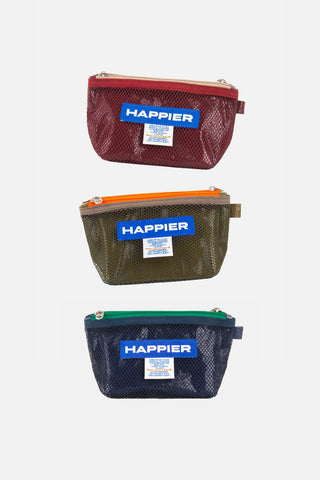 Burgundy mesh layer pouch with top handle, gold zipper, and HAPPIER logo patch