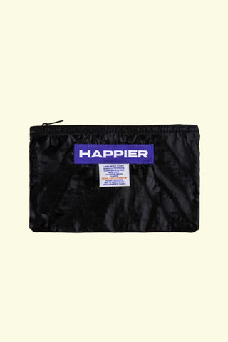 Medium label pouch, glossy black with centered Happier logo patch, zippered front