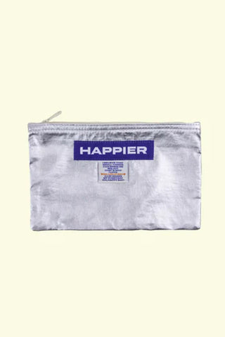 Medium label pouch, glossy silver with centered Happier logo patch, zippered front