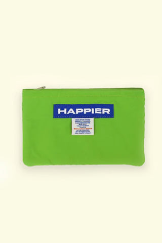 Medium label pouch, lime green with centered Happier logo patch, zippered front