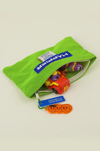 Medium label pouch, lime green open with small items inside and dangling charm