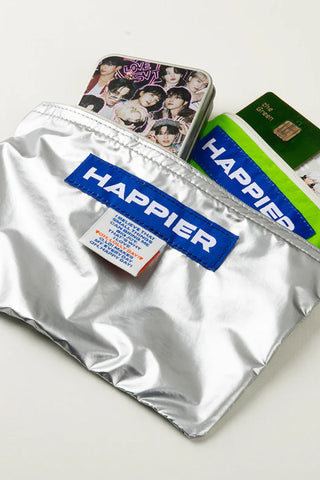 Medium label pouch, glossy silver with Happier logo patch on front, zippered top