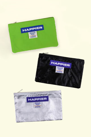 Medium label pouch, lime green with Happier logo patch and zipper, rectangular