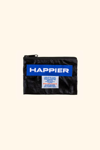 Glossy black zip pouch with blue HAPPIER label and white info tag