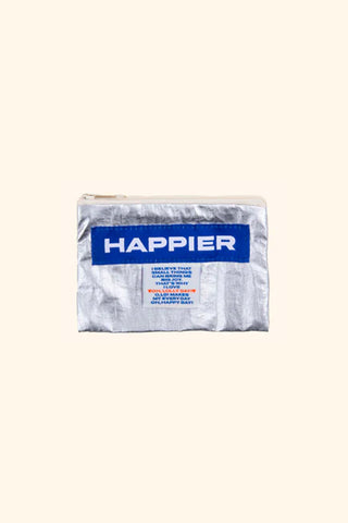 Glossy silver zip pouch with HAPPIER label and rectangular front tag