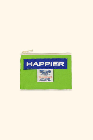 Lime green zip pouch with HAPPIER label and rectangular front tag