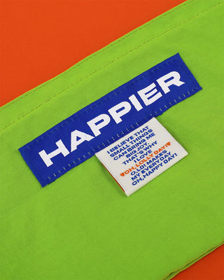 Lime green zip pouch with blue HAPPIER label and white information tag