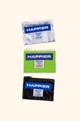 Set of three zip pouches in glossy silver, lime green, and glossy black with label