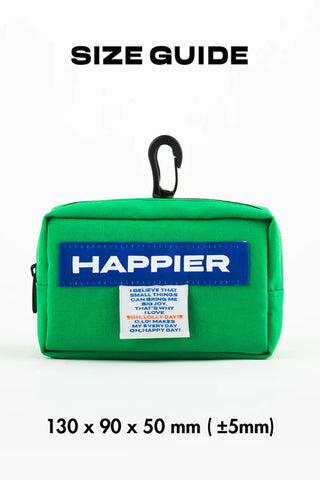 Green tofu pouch with Happier label and size 130 x 90 x 50 mm