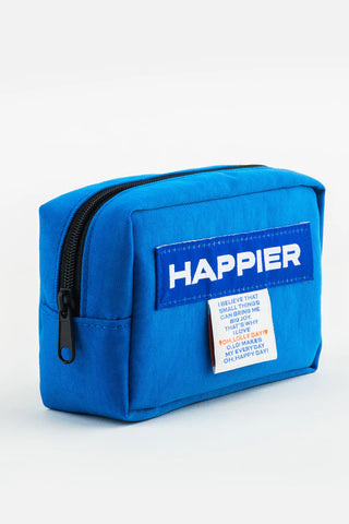 Blue zipper tofu pouch with side view and Happier label patch