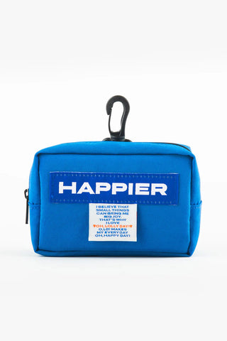 Blue tofu pouch front with top handle and Happier label