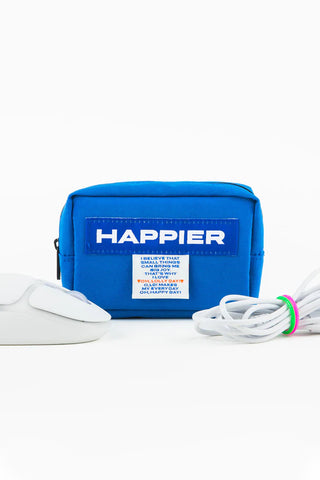 Blue tofu pouch with zipper and Happier label front
