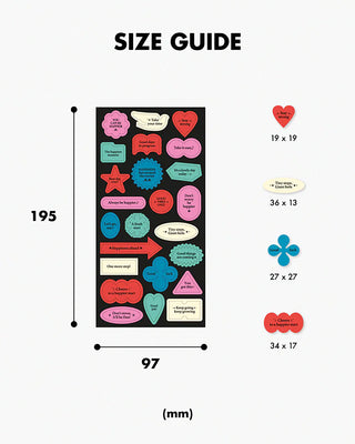 Sticker size guide showing mm dimensions for multiple sticker sheet sizes