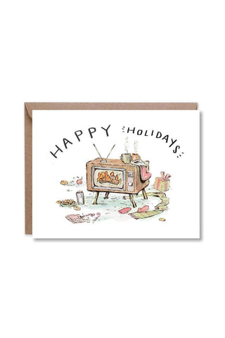 Retro TV yule log holiday card with 'Happy Holidays' text and illustrated TV scene