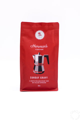 Herman's Sunday Gravy coffee bag in red, with logo and illustrated espresso pot