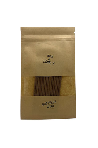 High & Lonely Northern Wind incense sticks in paper pouch, brown kraft bag