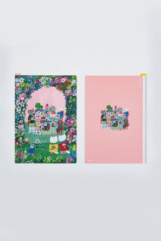 Hobonichi A5 pencil board with colorful garden illustration, pink-backed design