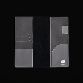 Dark gray planner cover with transparent window and pocket-style inner panel