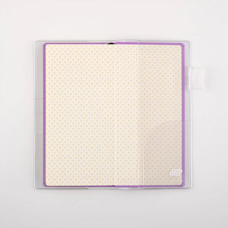 Clear planner cover with lavender dotted interior insert and snap-style strap