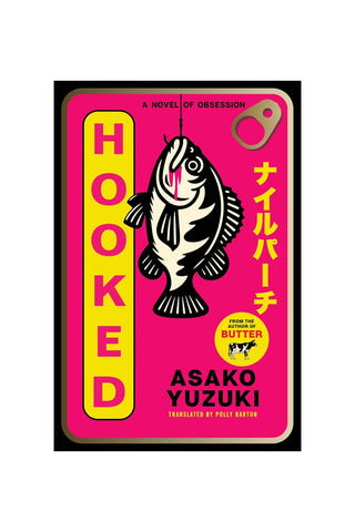 Paperback novel with pink cover, bold Hooked title, and hooked fish illustration