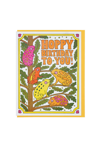 Frog birthday card with colorful illustrated frogs and 'HOPPY BIRTHDAY TO YOU!'