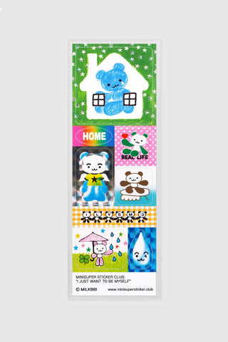 Sticker set sheet with cute bear house, bunny, and rain-drop characters
