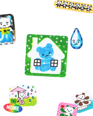 Assorted cute character stickers, including bear house and blue rain-drop