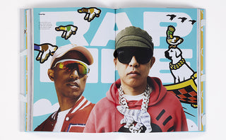 Open book spread with two men's portraits and comic cloud-and-surf artwork