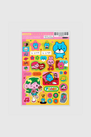 Sticker sheet with colorful cute animal characters, including blue bear and pink bunny