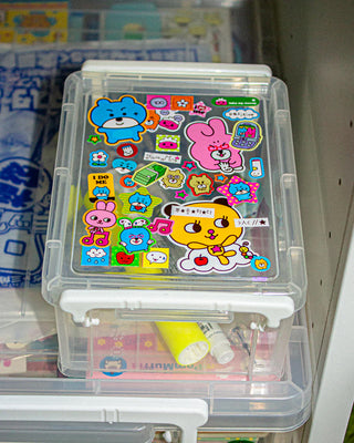 Cartoon animal sticker set in clear organizer box, with blue bear and pink bunny motifs
