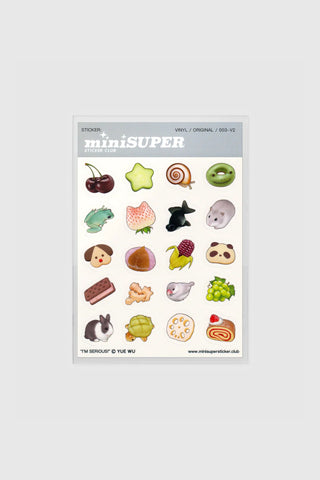 Clear sticker sheet with assorted mini animals and food, die-cut on transparent film