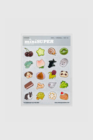 Glitter sticker sheet with assorted mini icons: animals, food, stars, shells