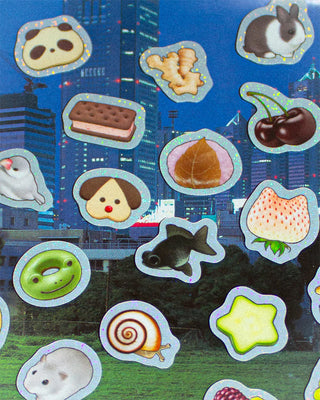 Assorted glitter stickers with animal and snack shapes: whale, rabbit, cherries, cookies