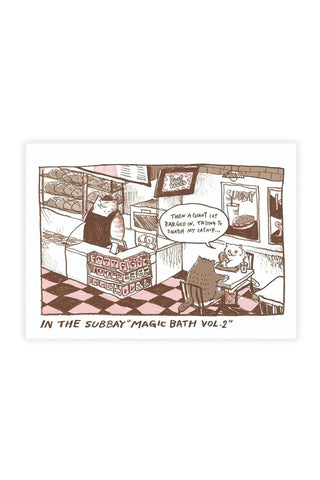 Illustrated subway-themed postcard with cartoon characters and brown ink sketch